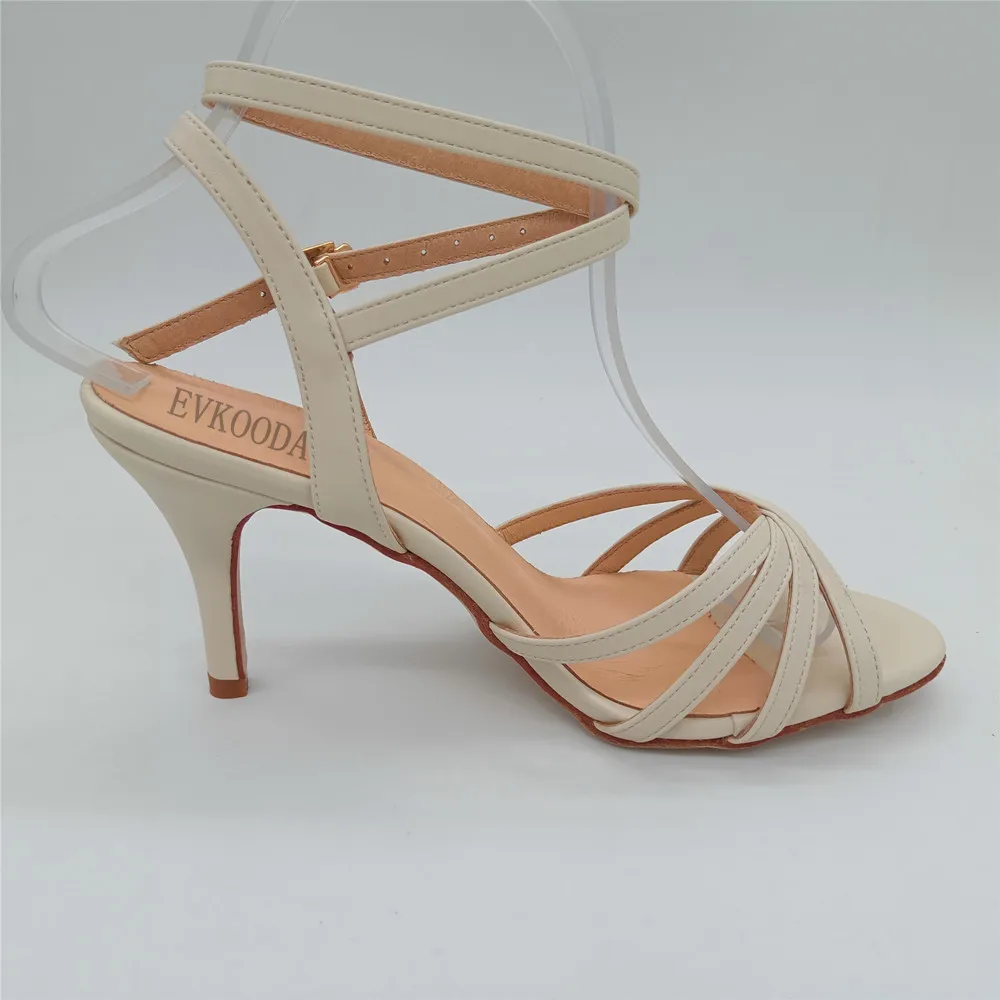 New Women Tango Dance Shoes Cream 3'' Heeled  Latin Salsa Ballroon Shoes Non-Slip Leather Tango Dance Shoes for Weddiing Party - alternate angle