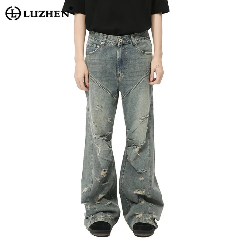 

LUZHEN Casual Washed Retro Denim Pants Straight Vintage Men Autumn Jean Designer Original Patched Personalized Streetwear LZ5291