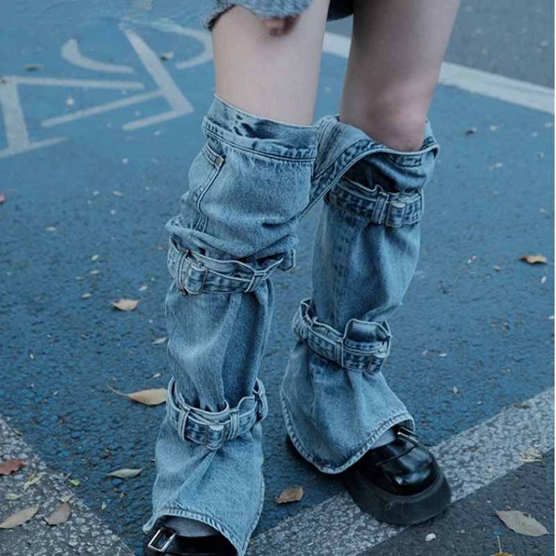 Kaus Kaki Penghangat Kaki Wanita Harajuku Kaus Kaki Tinggi Lutut Dapat Disesuaikan Denim Rock Punk Streetwear Mode Jepang Penutup Kaki Penghangat Kaki