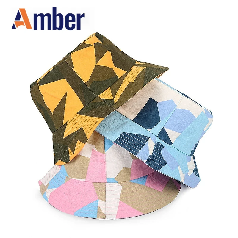 

Amber Reversible Geometry Bucket Hat Camouflage Multicolor Stitching Foldable Printed Bucket Hat For Men And Women Fisherman Hat