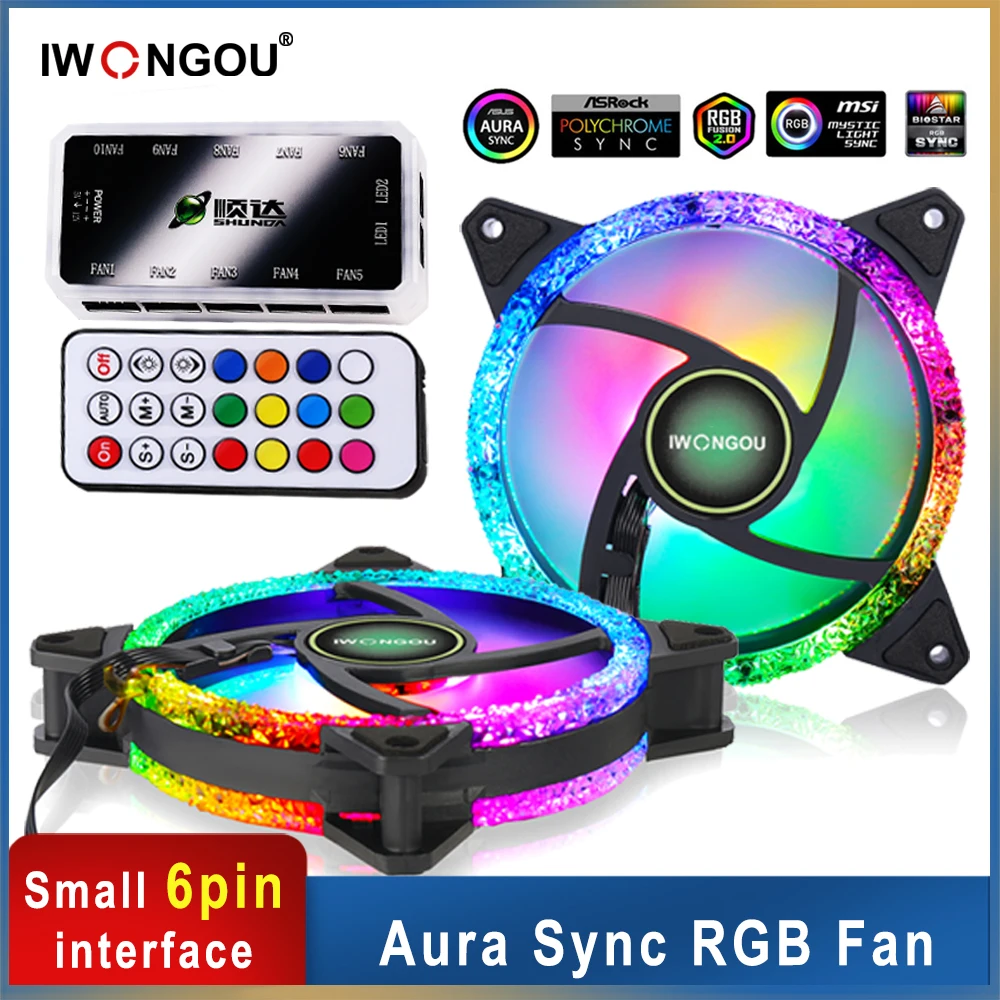 

IWONGOU PC Fan RGB 120mm Aura Sync Cooler Adjustable Speed Adjust LED 12cm Kit 6 In1 Argb Computer Case Cooling Controller