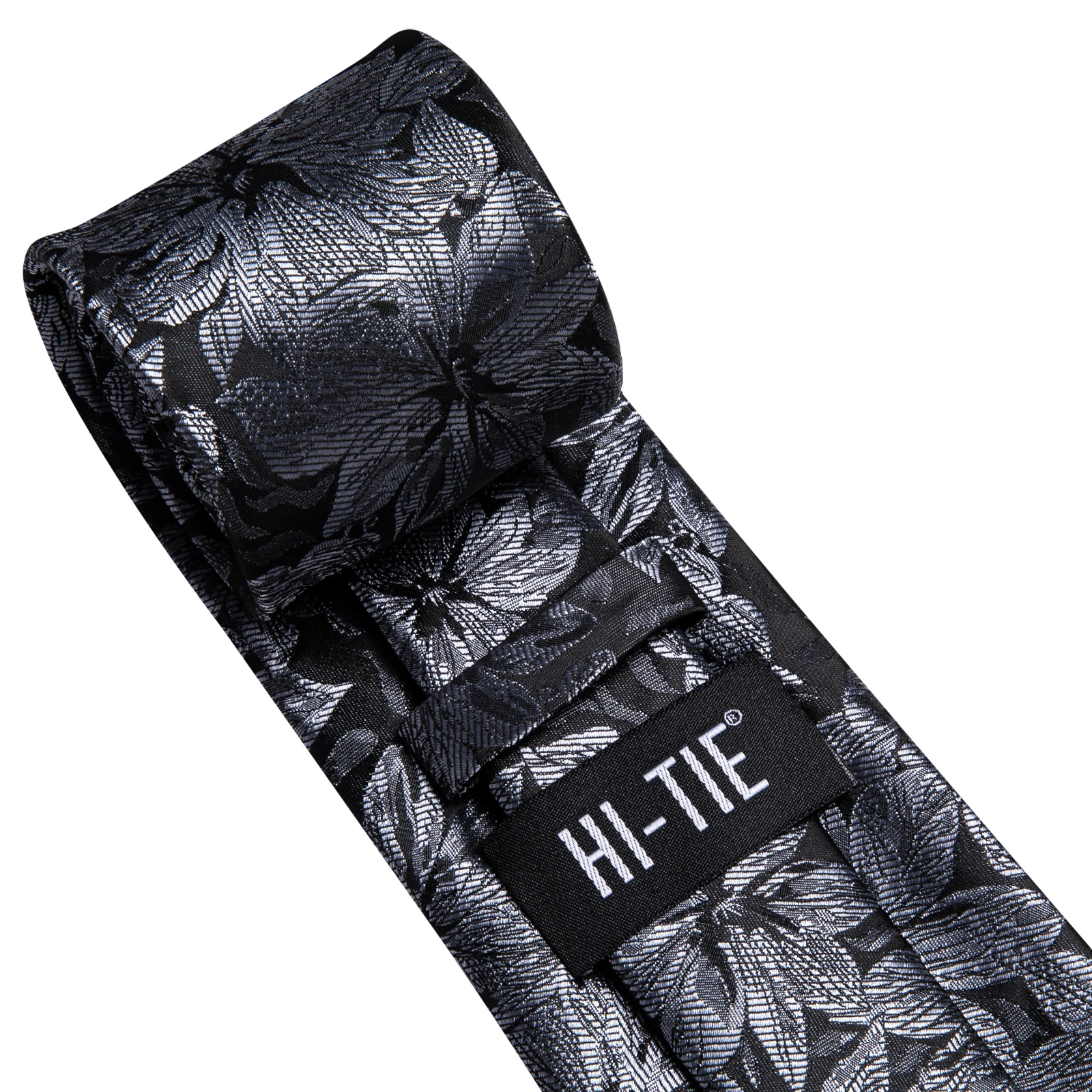 Hi-Tie Fashion 8.5cm Black Grey Floral Mens Elegant Tie Handkerchief Cufflinks Set Wedding Party Accessories Gift for Men Gravat