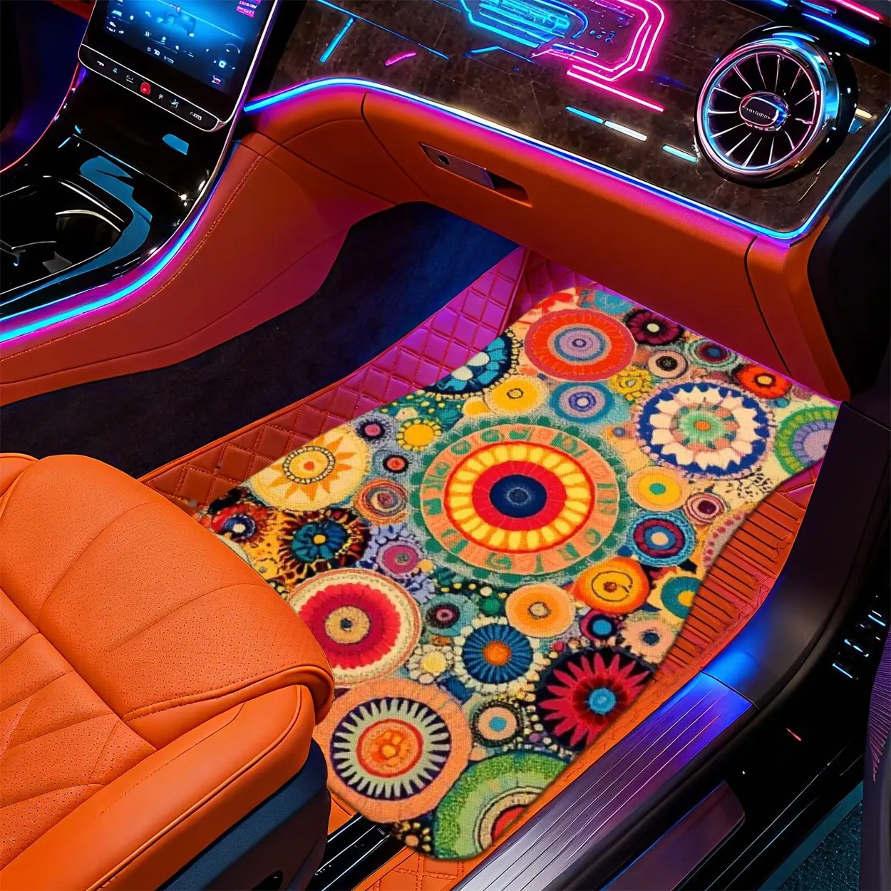 2D Floor Mats With A Bohemian Style Featuring Colorful Circular Patterns - Suitable For Various Car Models, Easy To Clean, And M
