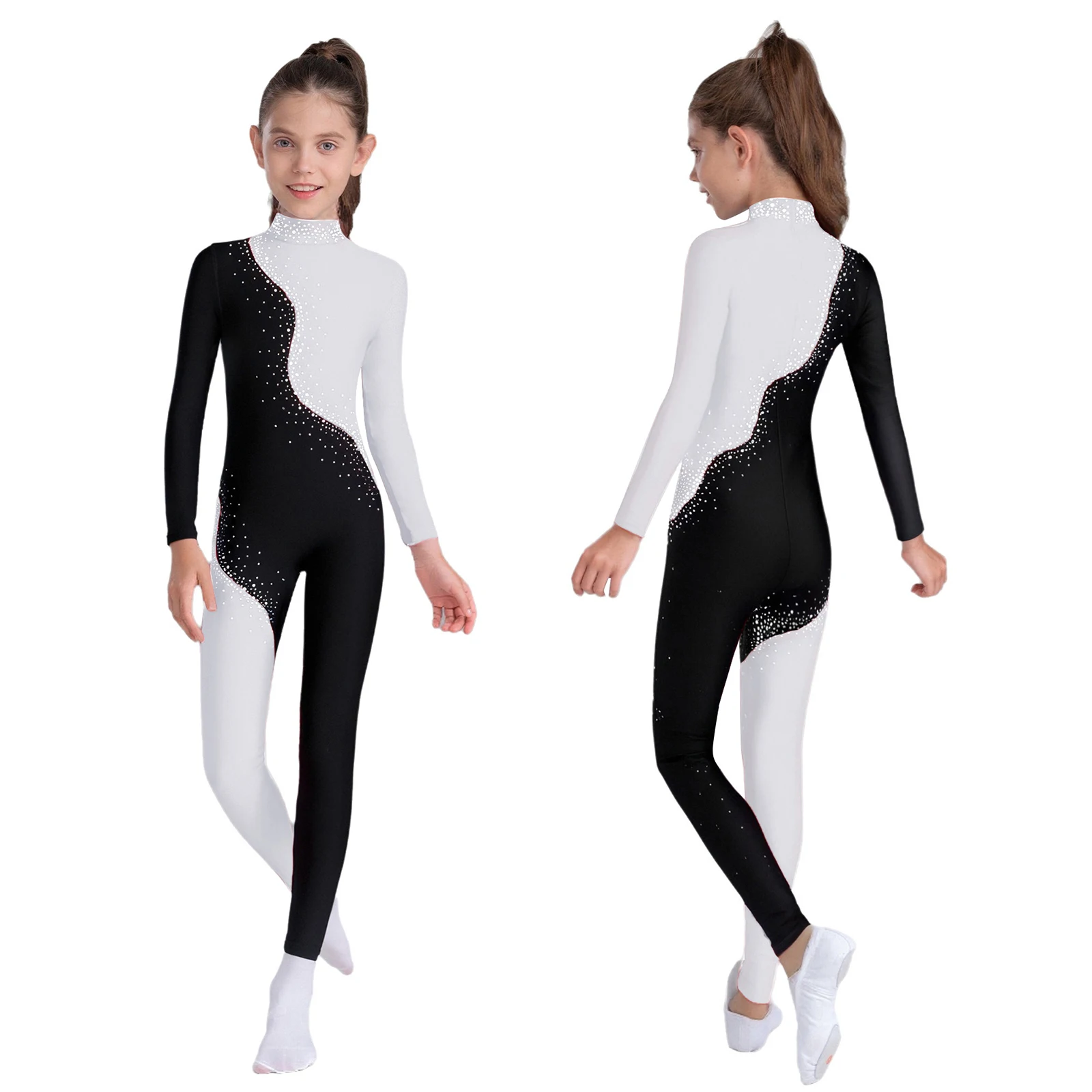 

Kids Girls Rhinestones Gymnastics Jumpsuit Figure Skating Dance Bodysuit Mock Neck Long Sleeve Color Block Full Body Leotard