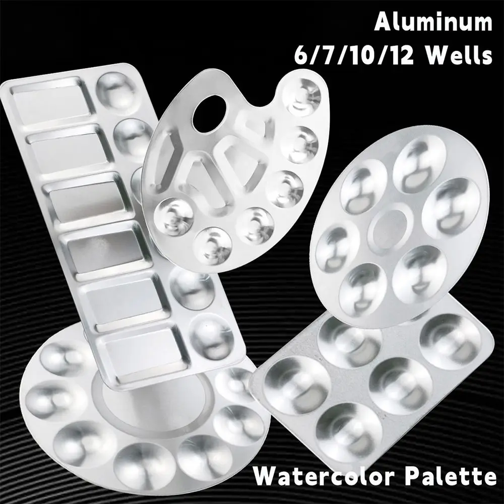 لوحة ألوان مائية معدنية عملية 6/10/12 بئر مرسومة باليد خلط صينية طلاء دائرية/مستطيلة لوحة الصباغ مكتب المدرسة