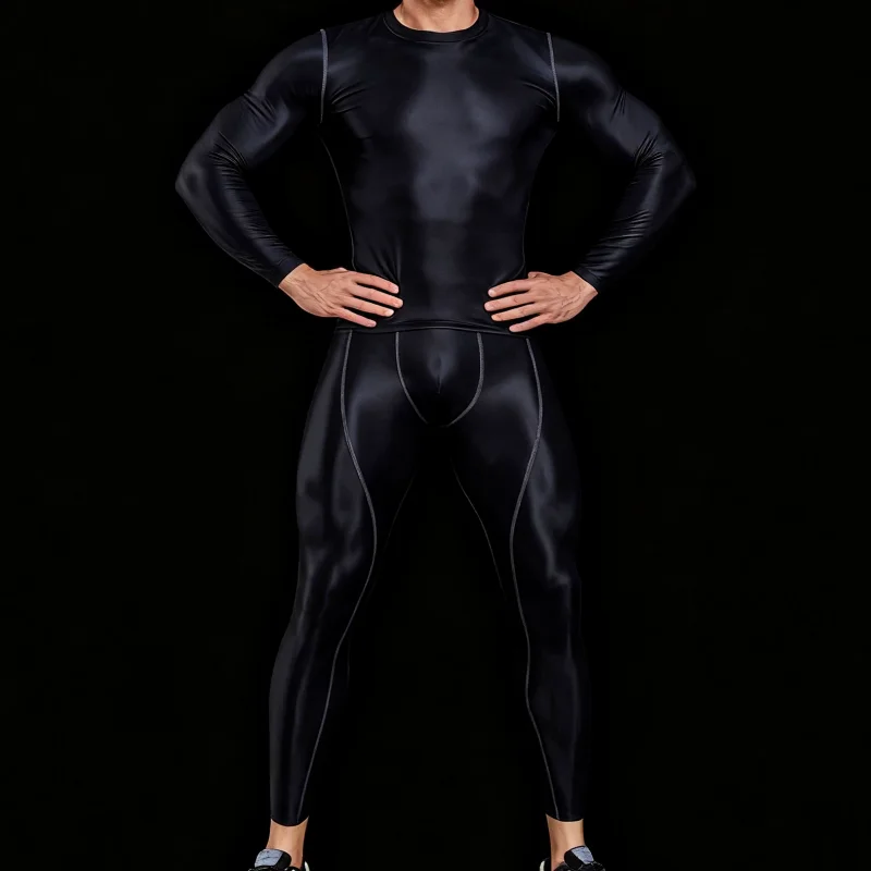 Men Oil Smooth Sports Running Tracksuits Casual Fitness Leggings Stretch Tights Quick-Dry Long-Sleeve Tops Nine-Point Pants Sets