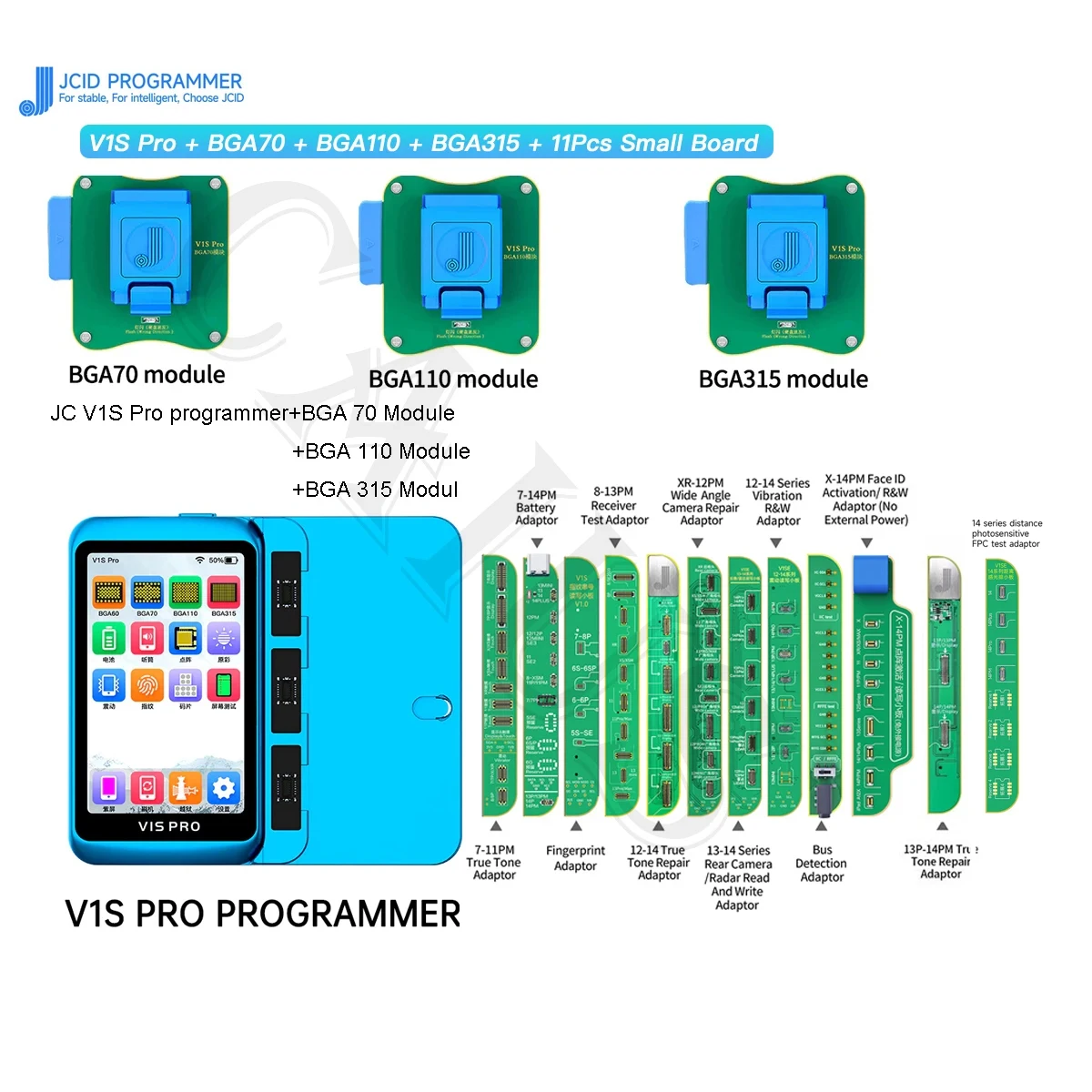 

JC JCID V1S Pro Programmer BGA315 BGA110 BGA70 Test Fixture for 6-14 Pro Max Nand Flash Read Write &Format/Screen True Tone Fix