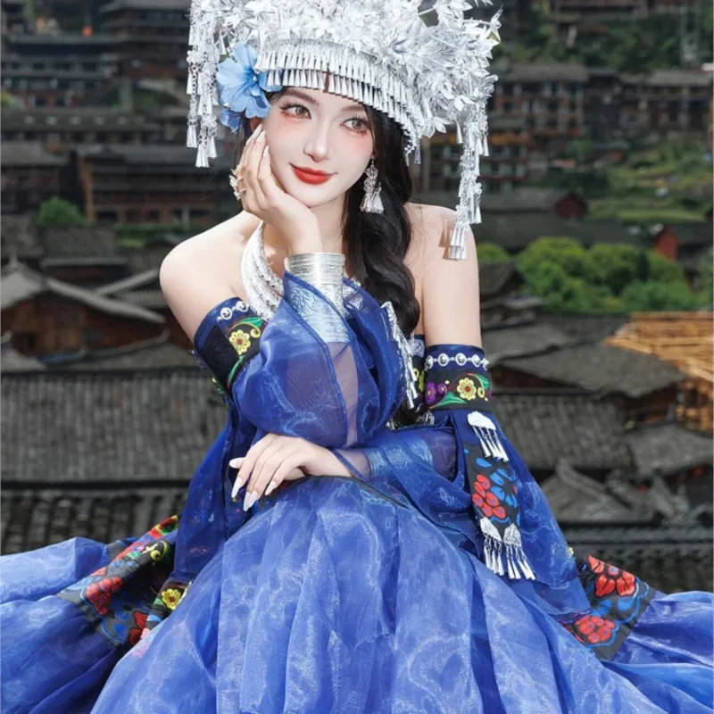 Vestido de bolo azul nacional exótico prata cocar desempenho novo estilo