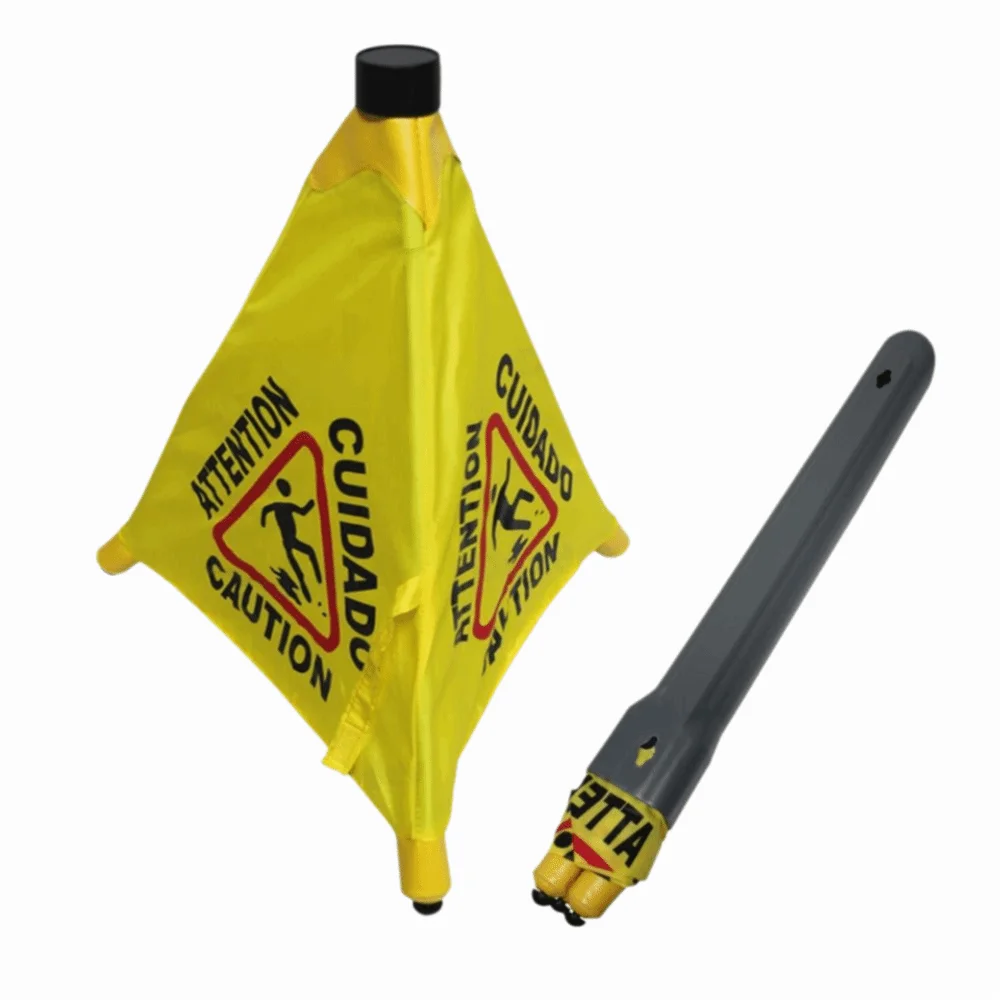 Triangular Cone-Shaped Caution Wet Floor Sign Foldable Pop-Up Design Slippery When Wet Sign Multilingual Wall Mounted