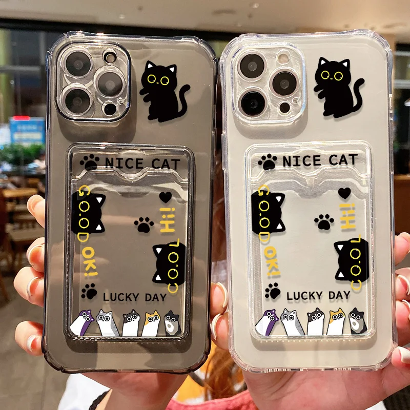 

Cat Card Bag Holder Phone Case For iPhone 15 14 13 12 11 16 Pro Max X XR 7 8 Plus SE 2020 Transparent Shockproof Silicone Cover