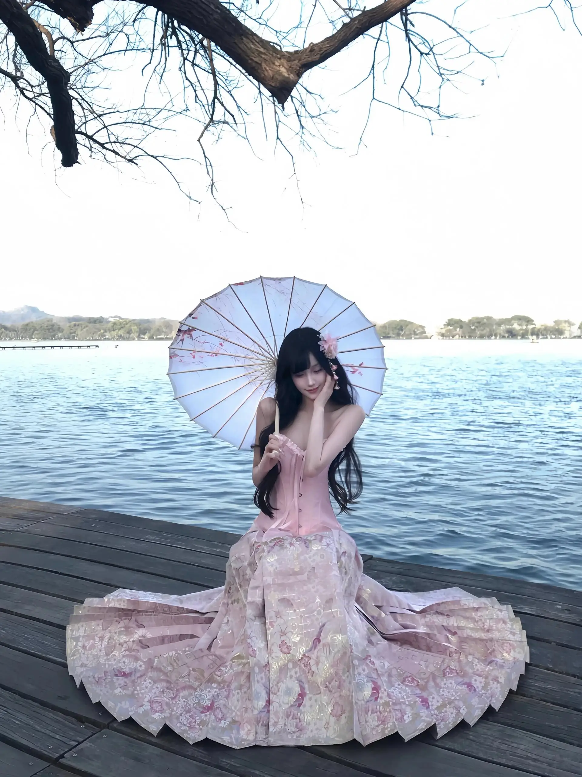 

New Chinese Style Hanfu Pink Strapless Fishbone Top And High Waist Skirt Two Piece Set Women's Summer High Waist Sensation