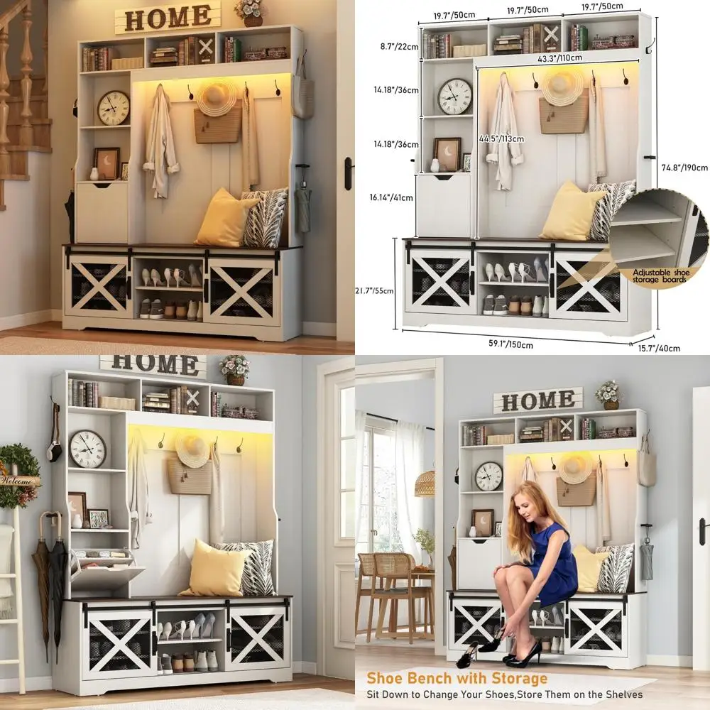 شجرة قاعة LED على طراز المزرعة بطول 75 بوصة مع مقعد، رف معطف، 16 مكعب لتخزين الأحذية، حامل مظلة للمدخل