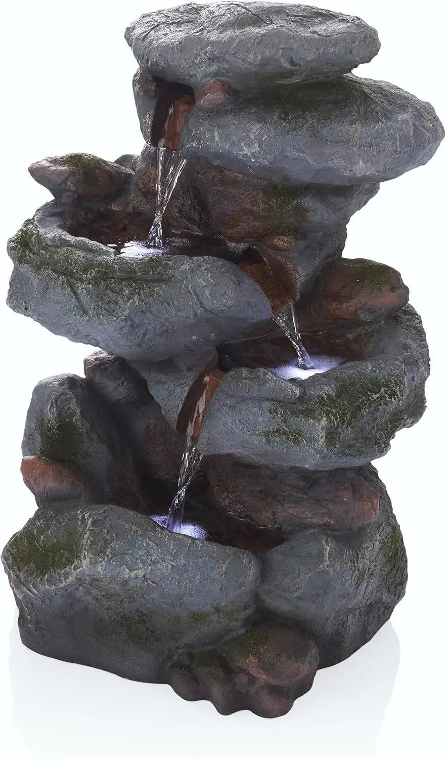Gray Garden Fountain LED Lights Rock Waterfall Three Tier Outdoor Decor