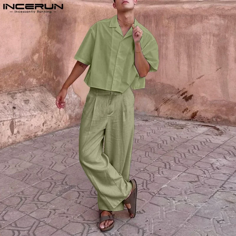 Men's Sets INCERUN Fashion Two-piece Suits Short Sleeve Shirts Long Pants Wide Leg Pant Tops Streetwear Vintage Men Casual Suits - Image 3