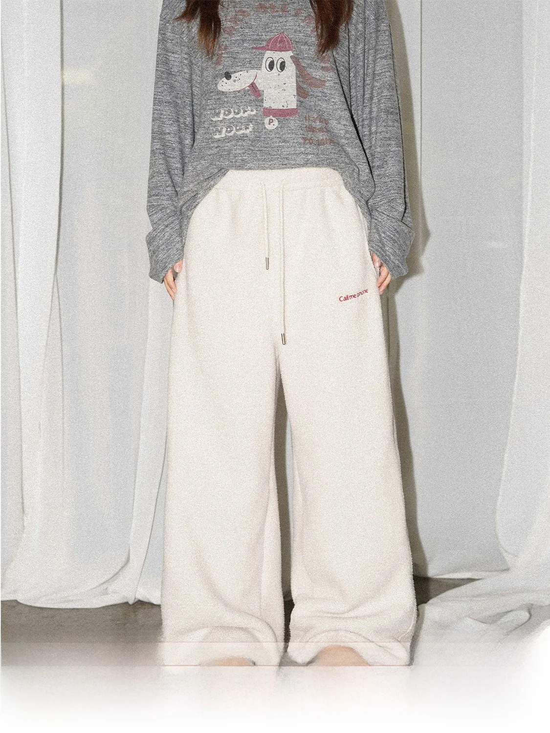 

JINGU een Label Elastic Waist Fce Lined Warm Straight Leg Pants Pure Color Casual Trousers for Women Knife Design
