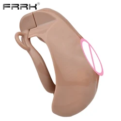 FRRK Sissies Clitotis Pussy Hole Chastity Cage with Adjustable Elastic Band Belt for Men Curve Plastic Cock Cage Bondage Sex Toy