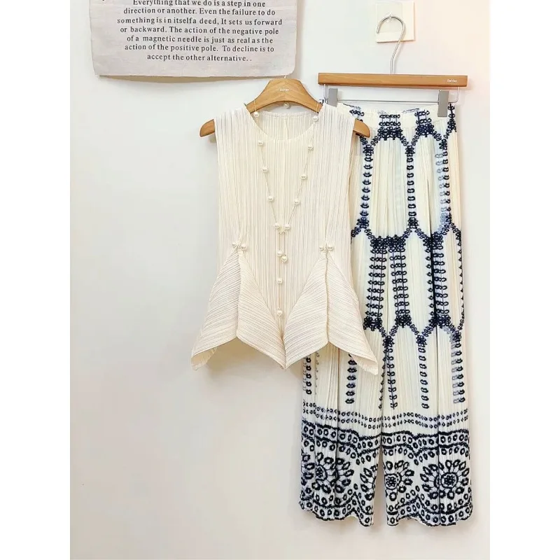 

Женский летний костюм: блузка и брюки с широкими штанинами, плиссированные, повседневные, дизайнерские, роскошные, во французском стиле, стройнящие, с принтом, комфортные, нишевый дизайн