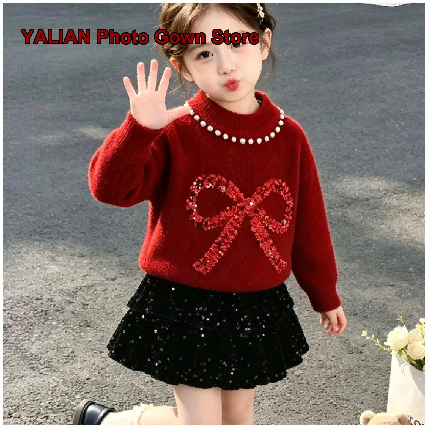 Girls Christmas New Year Set Soft Mink Velvet Round Neck Top Girls Black Sequin Half Skirt