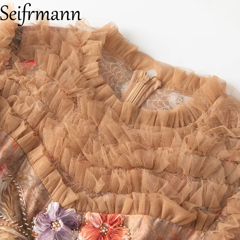 Seifrmann 2026 lente dames nieuwe modieuze ronde hals lange mouw kraalbloem pailletten bedrukte bloem mesh-jurk