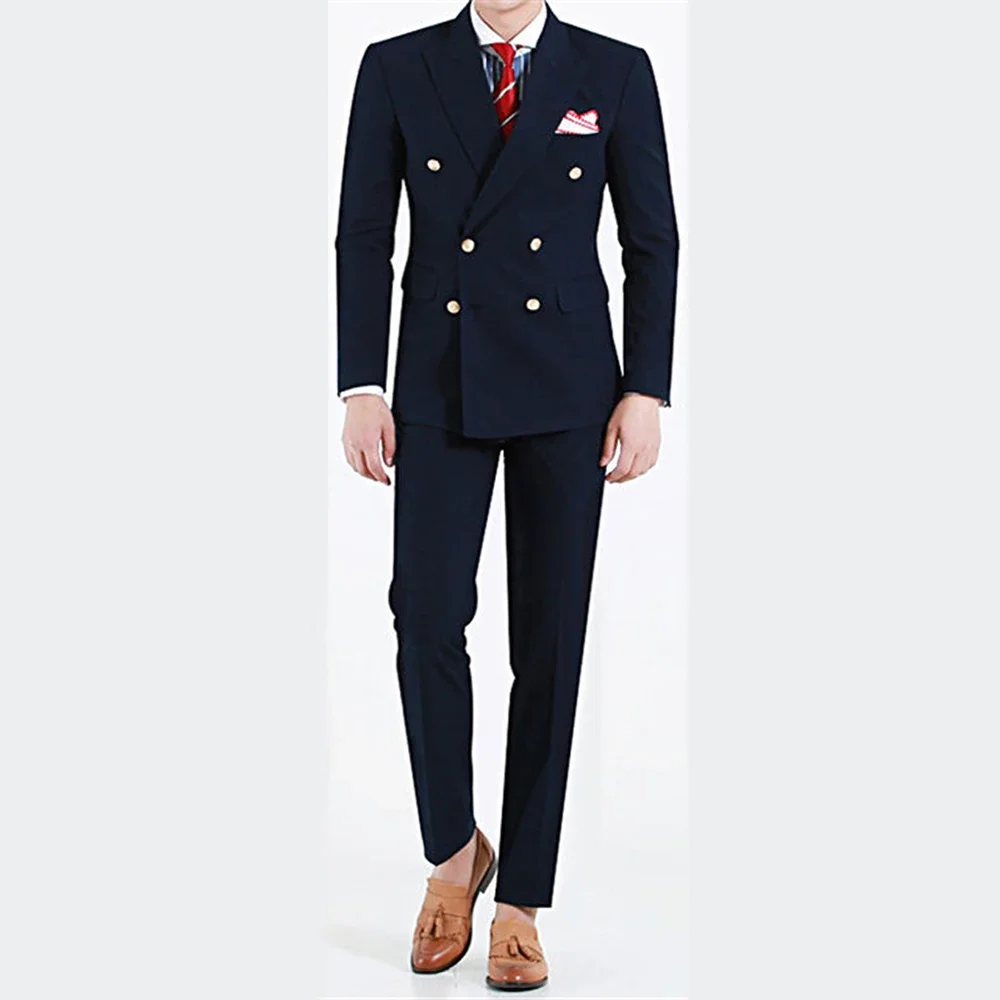 

New Arrival Tailor Made Men Suit Double Breasted Navy Blue Jackets with Pants Formal Dinner Party Prom Business Male Set