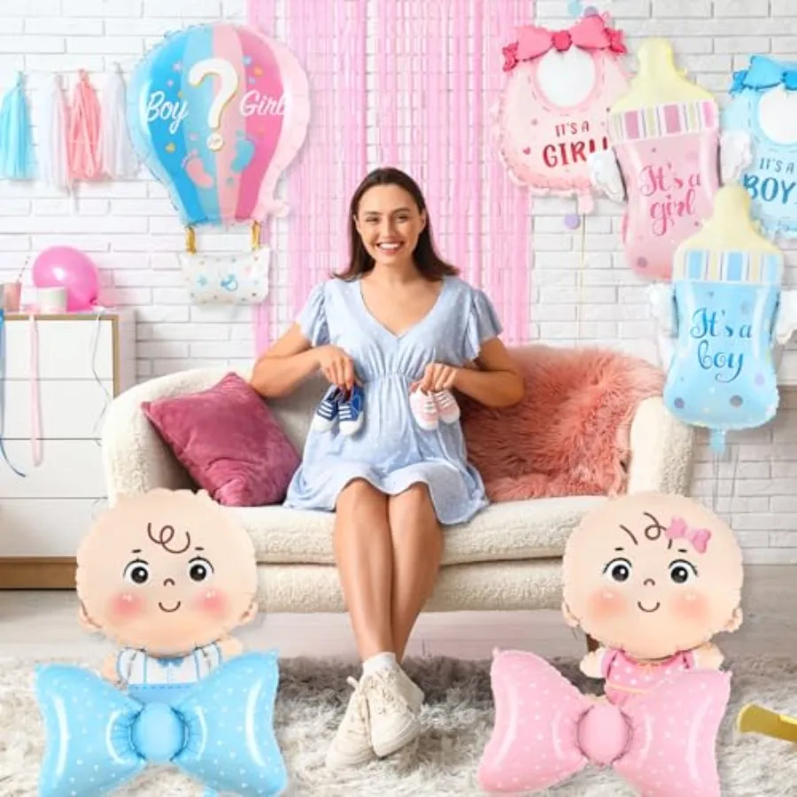 性別発表デコレーションセットには、男の子または女の子のベビーシャワー用ホイルバルーンが含まれています。男の子または女の子のベビーシャワーパーティーデコレーション用9個入りです。