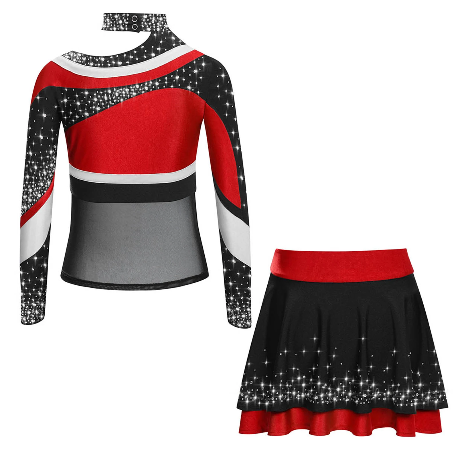 أطقم التشجيع للأطفال البنات أزياء أداء مرحلة المدرسة الثانوية بأكمام طويلة وطباعة حروف ملونة مع تنورة