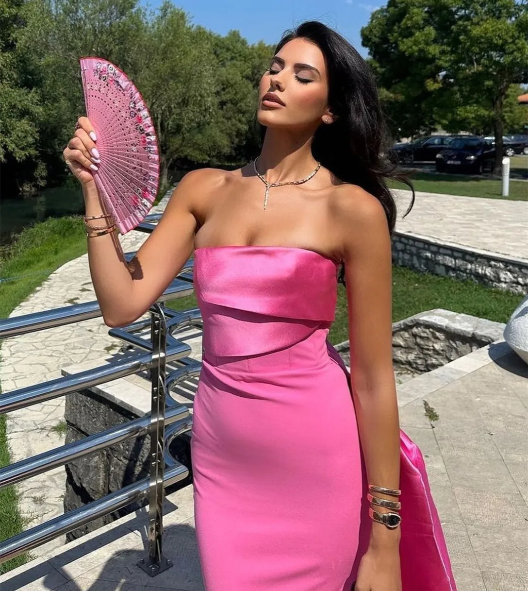 Elegant Long Pink Strapless Evening Dresses With Train Mermaid Crepe Satin Floor Length Wedding Guest Dress for Women