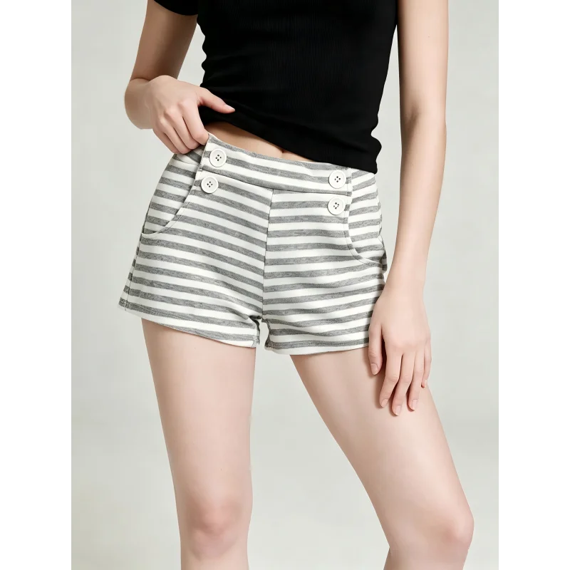 Summer Women Casual Shorts High‑Waist Double Buttons Design Striped & Solid Color Short Pants With Side Pockets Soft Elastic