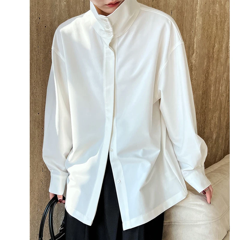 2024 Women Autumn Blouses Stand Collar Design Solid Color Tops Long Sleeve Loose Blouses Women Tops Casual Clothes Blusas