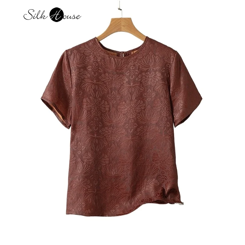 Women's New 100%Natural Mulberry Silk Red Cloud Yarn Buddha Hand Lotus Jacquard Versatile Casual Round Neck Short Sleeve T-shirt