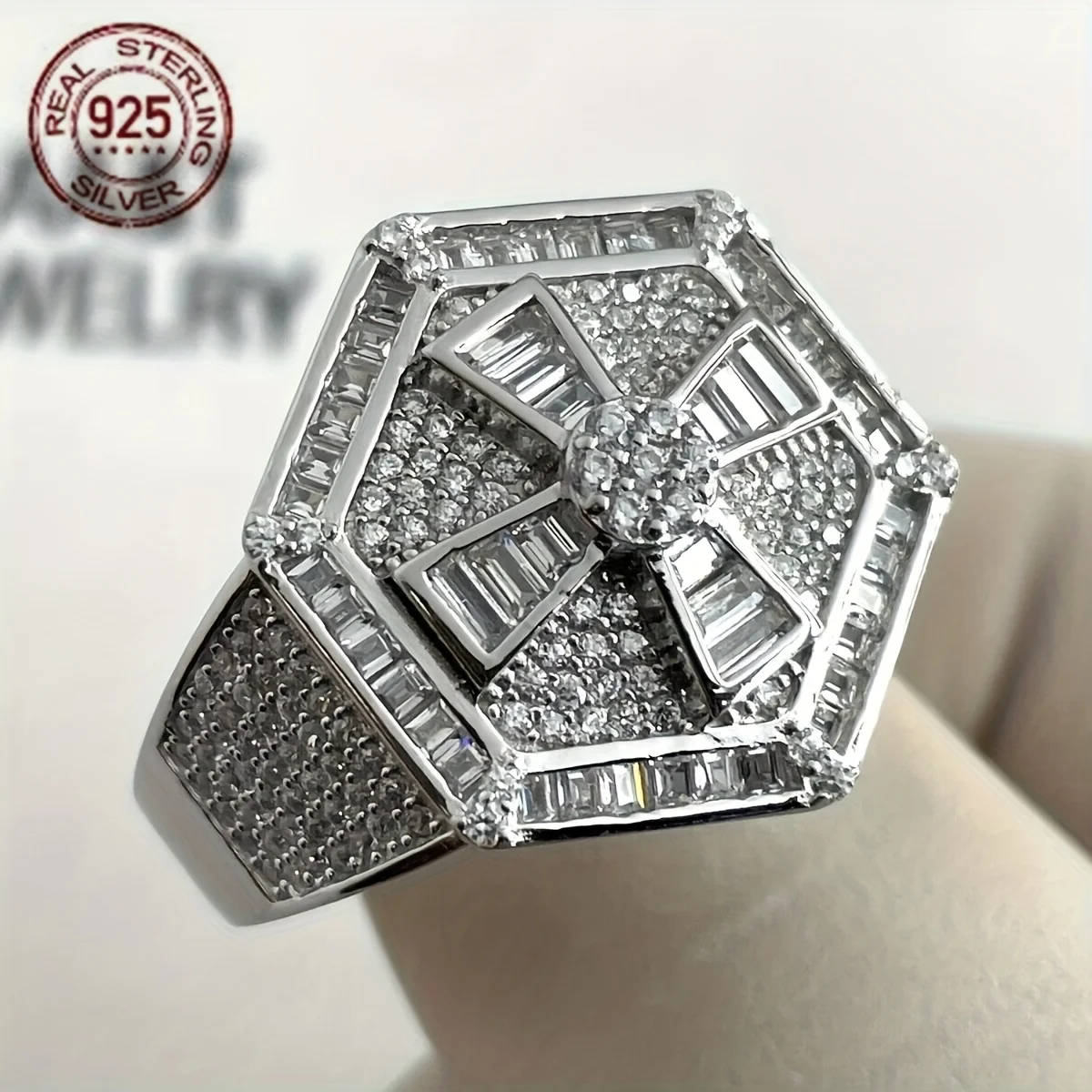 

925 Sterling Silver Men Ice Bling Cubic Zirconia HioHop Pinky Hexagon Ring Luxury Platinum Plated Wedding Band Jewelry Gifts