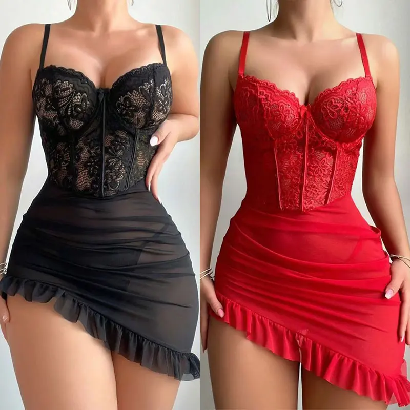 Transparente underwire sutiã conjunto erótico sexy lingerie de fadas feminino ver através de renda camisola pijamas conjuntos delicado sexy nighty