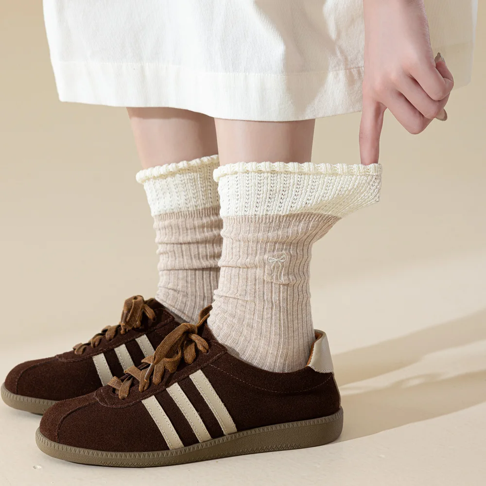 Embroidery Bow Japanese Kawaii Cute Socks Color Matching Cotton Knitted Middle Tube Socks Women Autumn Winter Vintage Long Socks