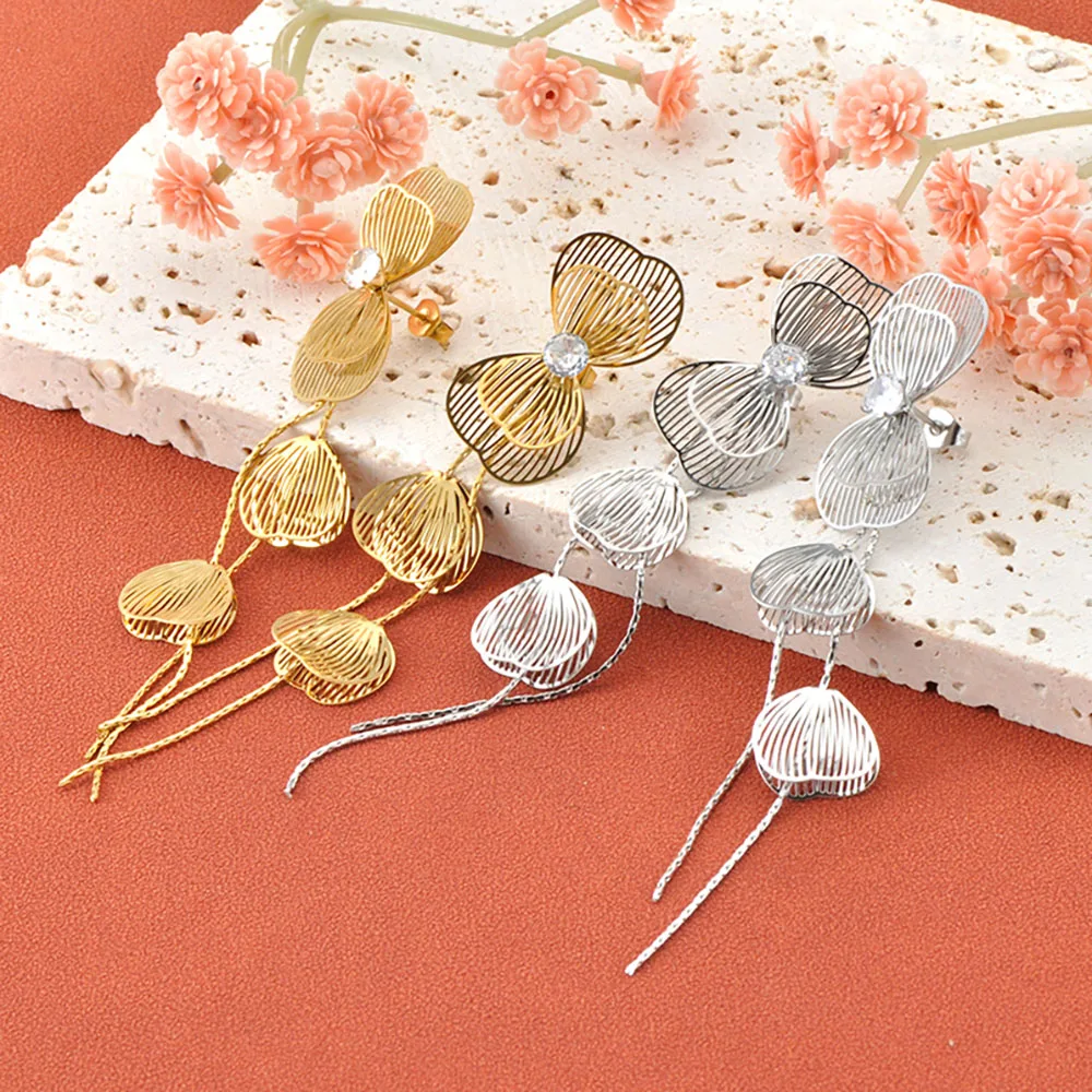 Lokaer Übertriebene Ohrringe aus Edelstahl mit großer Blume und Quaste, trendiger vergoldeter Partyschmuck, hypoallergen, E25203