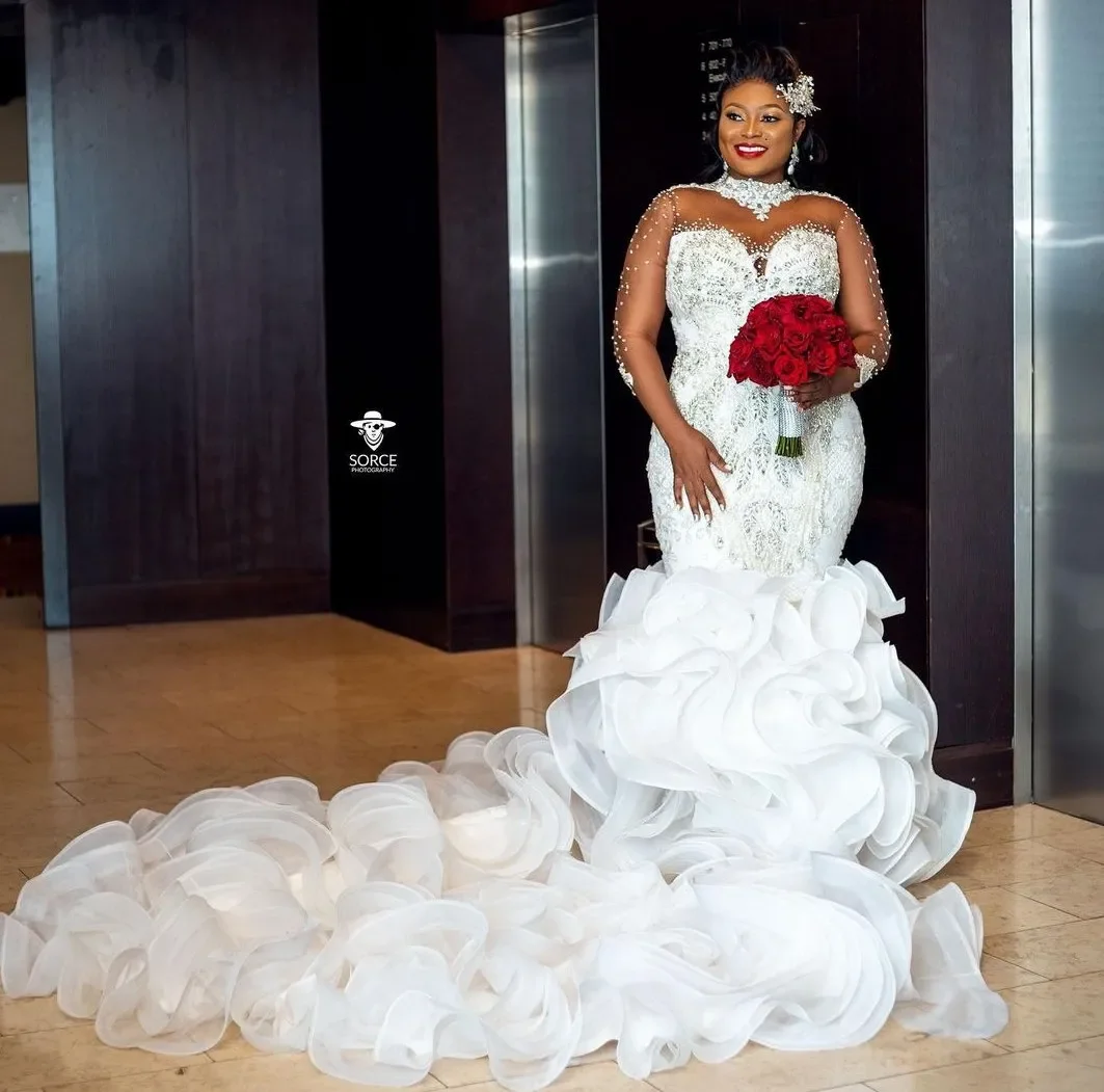 

Aso Ebi Wedding Dress Train Flouncing Ruffles Long Sleeves High Neck Crystals Beaded Lace-up Back Bridal Gowns Vestidos De Noiva