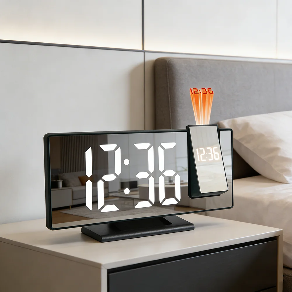 180° Arm Projection Alarm Clock Time Temperature USB Plug-in Digital Alarm Clock Snooze Table Clock 12/24H Projector LED Clock