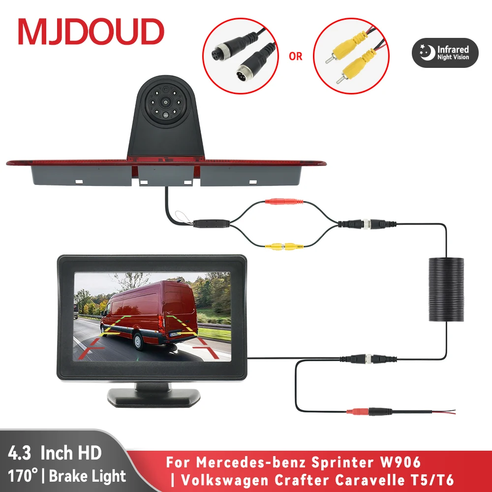 MJDOUD Câmera de visão traseira Luz de freio Monitor de 4,3 polegadas para Mercedes-benz Sprinter W906 |   Volkswagen Crafter Caravelle T5/T6