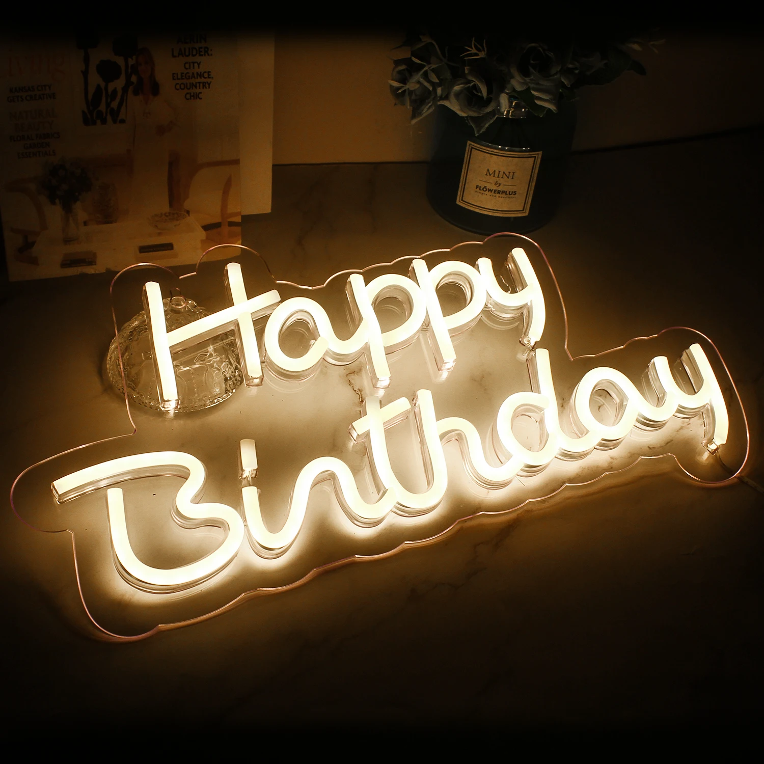 Imagem -02 - Warm White Happy Birthday Neon Sign Party Decor Light up Sinais Led para Backdrop Restaurante Hotel Prom 5v Usb