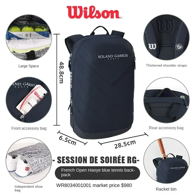 Wilson Tennis Racket Backpack Holds 2 Tennis Rackets Professional Sports Bag For Women Men Roland Garros Super Tour