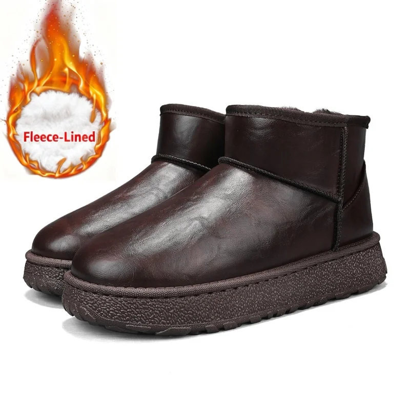 

Men's Premium Leather Ankle Snow Boots Warm Fleece Lined Waterproof Non-Slip Winter Slip-On Short Boots for Men