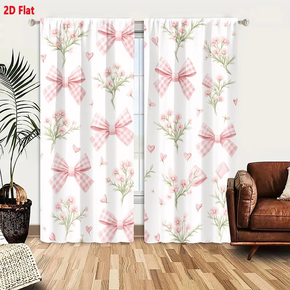 2Pcs Curtains 2D Flat Pastel Pink White Gingham Bows Floral Sprigs Hearts Butterflies Seamless Pattern For Wallpaper Fabric Wind