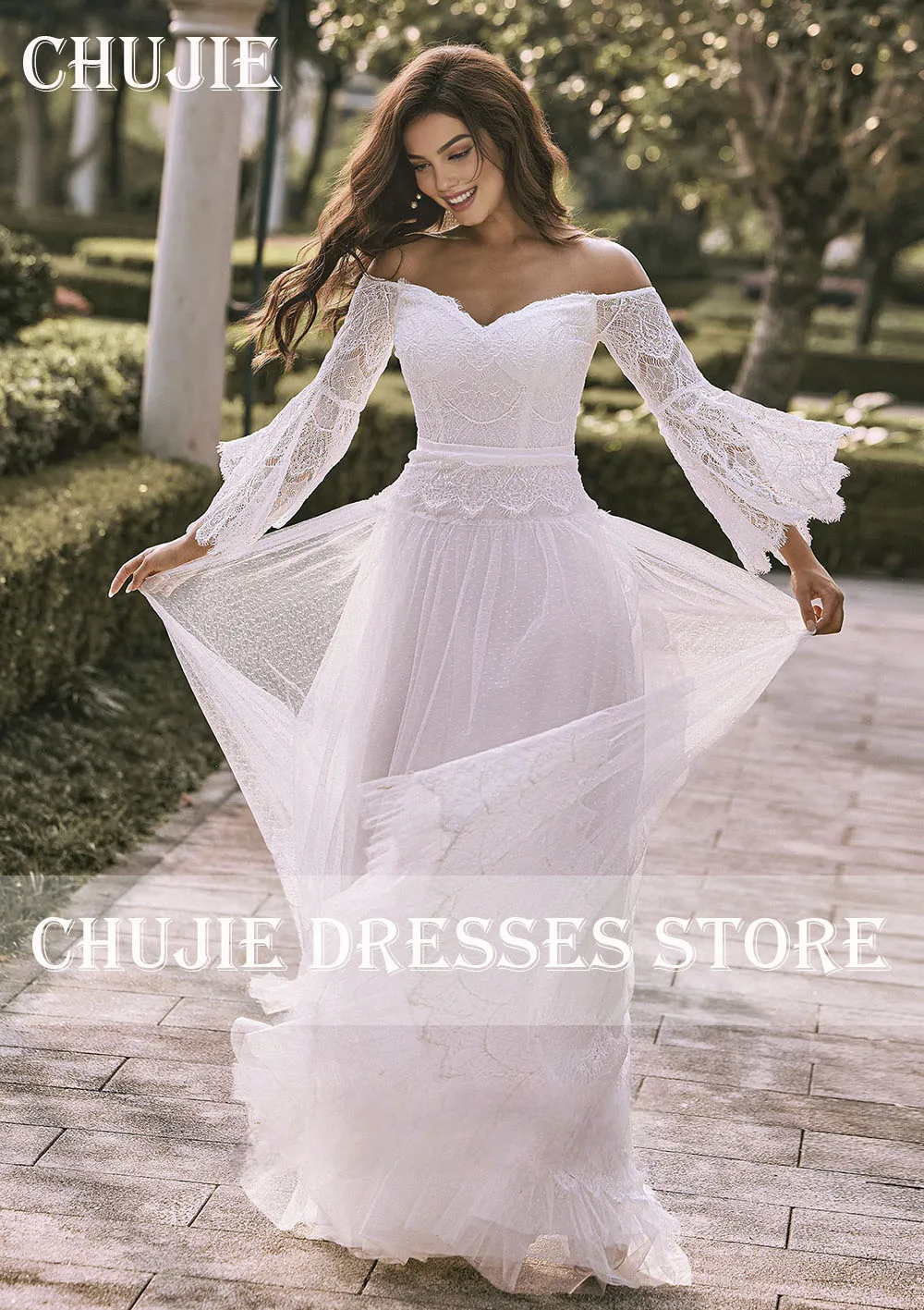 Robes de mariée évasées à manches longues, ligne A blanche plissée, robe de mariée élégante personnalisée pour femmes