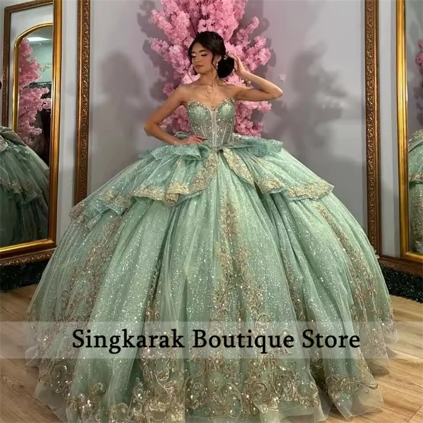 Customized Shiny Mint Green Ball Gown Quinceanera Dresses Appliqued Crystals Diamonds Vestidos De 15 Años Sweet 16 Party Dress