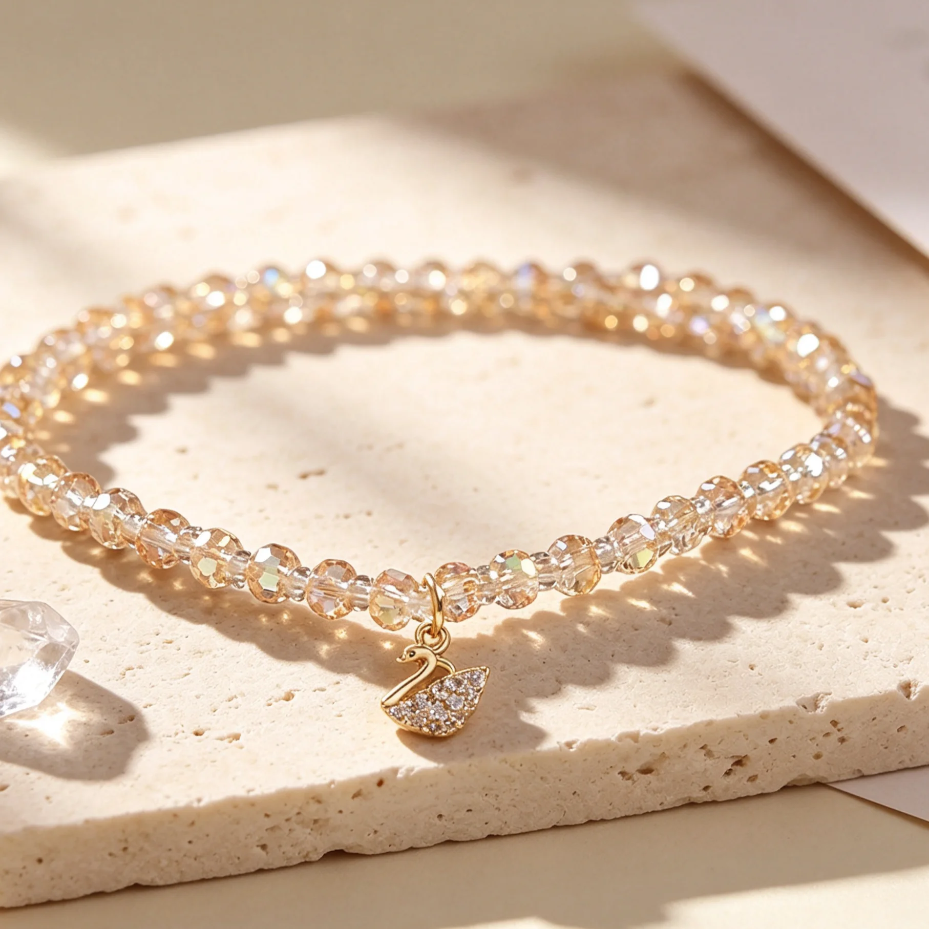Champagne Crystal Beaded Bracelet Gold Zircon Swan Charm Elegant Stackable Wrist Jewelry Women Wedding Party Daily Gift