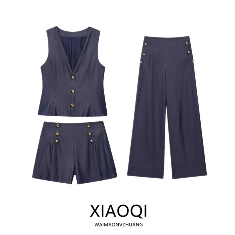 New Summer 2025 Women's Faion Linen Vest Tank Top Long Pants Tee Piece Set V Ne Svel Button up European Sle
