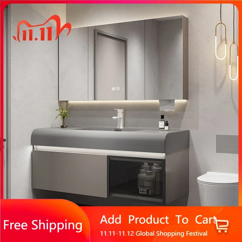 

Office Luxury Slate Bathroom Cabinet Integrated Washbasin Solid Wood Bathroom Sink Vanity Reception Gabinete Trendy Furniture
