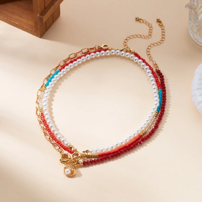 Romantische süße rosa Schleife Liebe Herz Anhänger Halskette Set für Frauen einfache handgemachte mehrschichtige Perlen Halskette Party Schmuck – Detail 14