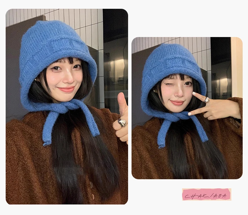 旅行風ショーフェイススモールウールプルオーバーハットブルーリアスプリットデザインストラップニットプラッシュウィザードハット女性秋冬