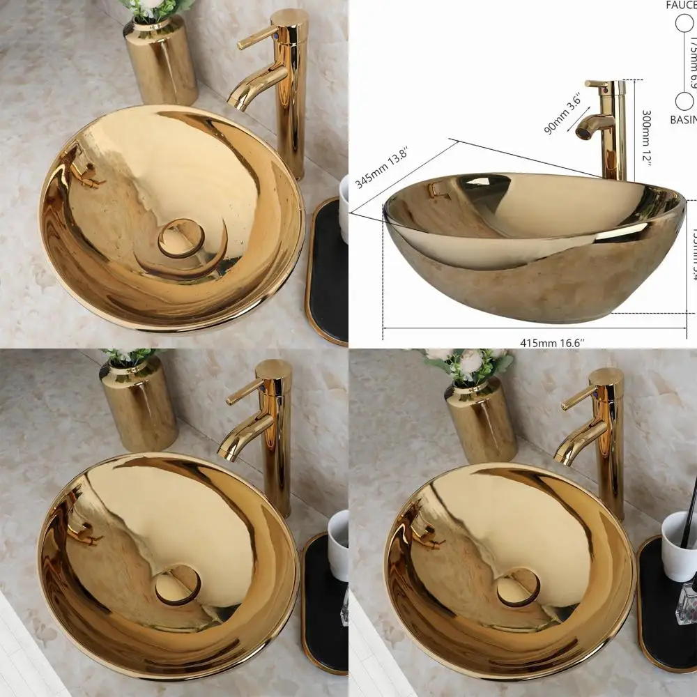 

16 Gold Ceramic Oval Vessel Sink with Gold Faucet and Pop-Up Drain, Above Counter Art Basin Set