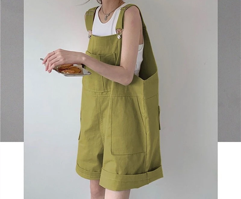 Workwear Overalls Shorts Set for Women in Summer, Thin Fit, Loose Fit, High Waist, Slimming and Wide Leg Pants